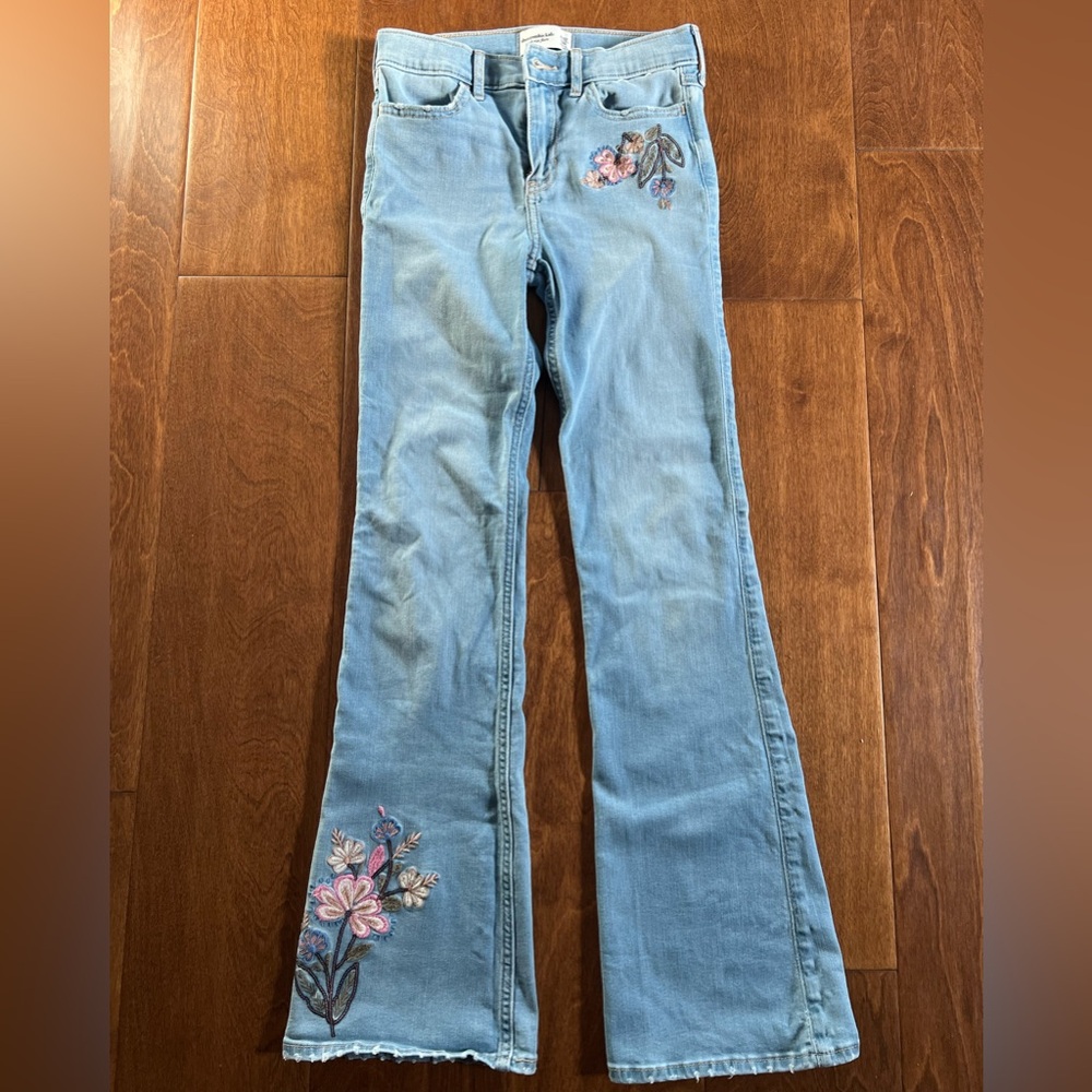 Abercrombie Kids high rise Flare Jeans with Floral Embroidery